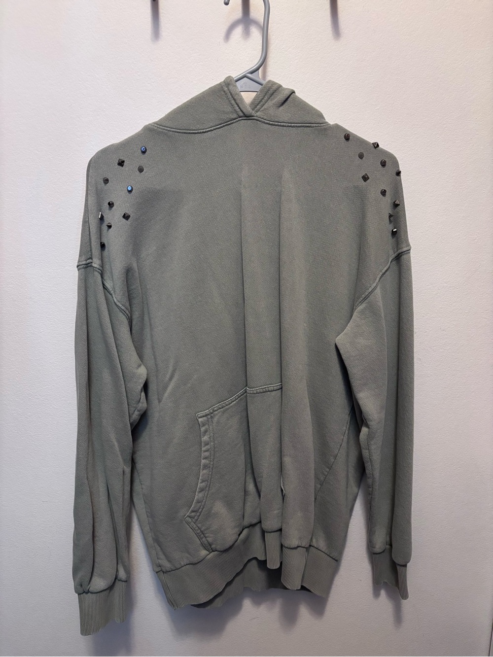 Stud-Embellished Sage Green Hoodie